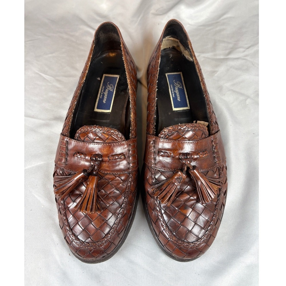 Bragano Cole Haan Mens 9.5 W Woven Leather Tassel Loafers Brown Made in‎ Italy